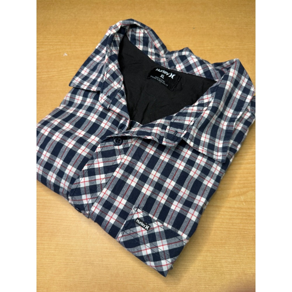 Hurley Mens XL Short Sleeve Button Up Shirt Plaid Navy Blue Red